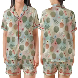 Botanical Lover's Ethereal Vintage Sage Green Terracotta Leaves & Pastel Pink Blue Blooms Design Satin Short-Sleeve Pajamas Set
