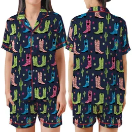 Women's Vibrant Fuchsia Yellow Blue Cowgirl Boots Leopard Star Cactus Pattern on Deep Navy Blue Satin Short-Sleeve Pajamas Set
