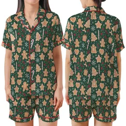Deep Forest Green Gingerbread: Candy Cane, Holly & Snowflake Holiday Loungewear Satin Short-Sleeve Pajamas Set