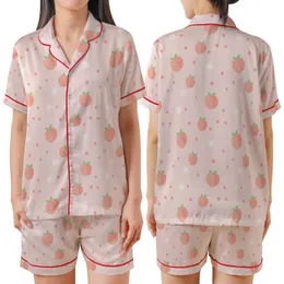 Peach Lover's Pale Pink Flat Peach & Delicate Flower Personalized Design Motif Satin Short-Sleeve Pajamas Set