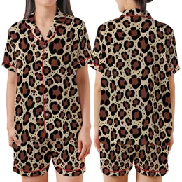 Safari Chic: Dense Organic Leopard Spots, Reddish-Brown, Black Outlines & Speckles, Beige Satin Short-Sleeve Pajamas Set