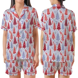 Folk Art Christmas Forest: Coral Red Periwinkle Hand-Drawn Deer & Snowflakes Satin Short-Sleeve Pajamas Set