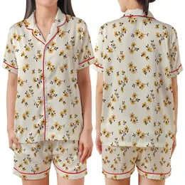 Women's Cream Scattered Daisy: Mustard Yellow Floral Sprigs & Brown Leaf Motif - Comfort Top Satin Short-Sleeve Pajamas Set