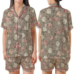Vintage Floral Enthusiast: Painterly Greige Rose & Wildflower Art Motif Satin Short-Sleeve Pajamas Set