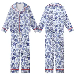 Oceanic Explorer's Hand-Drawn Indigo Blue & Sky Blue Seashell, Starfish, Coral Seaweed Pattern Wearable Kid Satin Pajamas Set