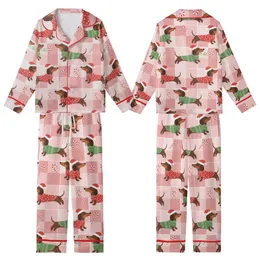 Dachshund Lover's Whimsical Christmas Dogs: Pink Gingham Festive Holiday Loungewear Kid Satin Pajamas Set