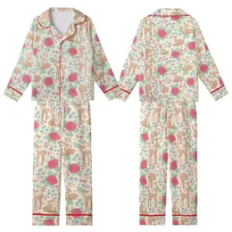 Gentle Spirit's Whimsical Fawn Hot Pink Rose Mint Leaf Blue Wildflower Pattern Kid Satin Pajamas Set