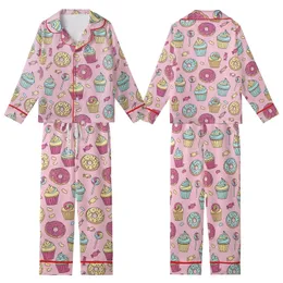 Whimsical Sweet Treat Hand-Drawn Donut Cupcake Candy Scatter Pastel Bubblegum Pink Top Kid Satin Pajamas Set