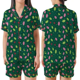 Holiday Cheer: Vibrant Pink Lime Holly Berry Star Deep Green Loungewear Satin Short-Sleeve Pajamas Set