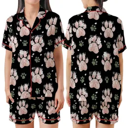 Dog Parent's Whimsical Pink Peach Paw Print Cherry Blossom 'My Shadow' Keepsake Design Satin Short-Sleeve Pajamas Set