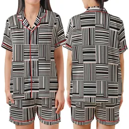 Modern Geometric Grid: Sharp-Edged Abstract Black White Coral Stripes – Minimalist Wearable Art Satin Short-Sleeve Pajamas Set