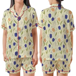 Botanical Dream: Hand-Drawn Blue-Violet Peach Tulip & Olive Green Foliage Design Satin Short-Sleeve Pajamas Set