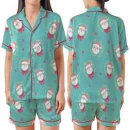 Whimsical Santa Faces: Aqua Teal Wreaths & Hot Pink Bows – Playful Holiday Fun Satin Short-Sleeve Pajamas Set