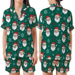 Jolly Holiday Wear: Emerald Santa & Snowflakes Pattern - Vibrant Red & White Christmas Design Satin Short-Sleeve Pajamas Set