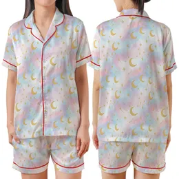 Celestial Dreamer's Pastel Watercolor Sky with Golden Moons & Stars Loungewear Satin Short-Sleeve Pajamas Set