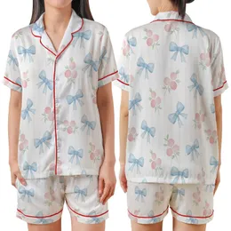 Ethereal Dreamer's Delicate Baby Blue Bows Pink Flowers Watercolor Relaxed Top Satin Short-Sleeve Pajamas Set