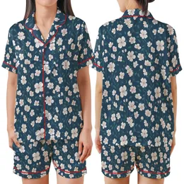 Elegant Botanical: Delicate White & Blush Pink Blossoms on Deep Petrol Blue Wearable Art Satin Short-Sleeve Pajamas Set