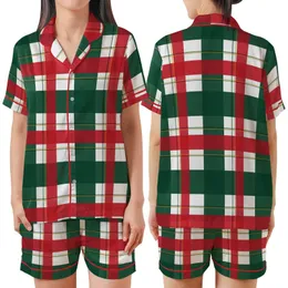 Bold Statement: Vibrant Red Green White Geometric Tartan Plaid Design Satin Short-Sleeve Pajamas Set