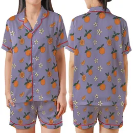 Citrus Lover's Whimsical Hand-Drawn Lavender Orange Blossom Blouse Satin Short-Sleeve Pajamas Set