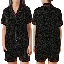 Women's Subtle Black Leopard Heart Pattern with Champagne Gold Accents Satin Short-Sleeve Pajamas Set