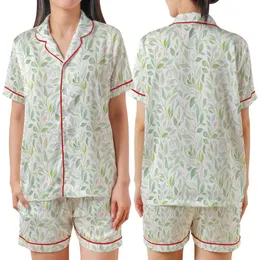 Botanical Oasis Mint Sage Pink Lime Watercolor Foliage Tunic Satin Short-Sleeve Pajamas Set