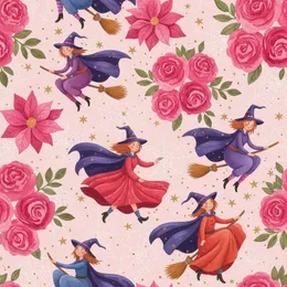 Whimsical Witch Story: Hand-drawn Cartoon Witches, Fuchsia Roses & Gold Stars on Pink Design Satin Pajamas Set