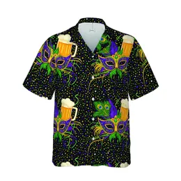 Mardi Gras Mask Tropical Sublimation Design | Gold Purple Green Beads, Beer Steins, Feathers Short-sleeve Hawaiian Shirt
