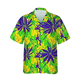 Seamless Hawaiian Botanical Pattern: Layered Abstract Brushstrokes, Yellow Purple Green Mosaic Short-sleeve Hawaiian Shirt
