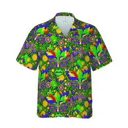 Gold Purple Green Mardi Gras Mask Jester Cap Fleur-de-lis Metallic Bead Tropical Pattern Short-sleeve Hawaiian Shirt
