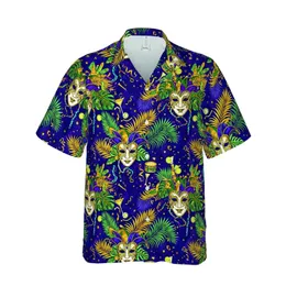 Mardi Gras Venetian Mask Harlequin Jester Tropical Foliage Violet Gold Pattern Short-sleeve Hawaiian Shirt