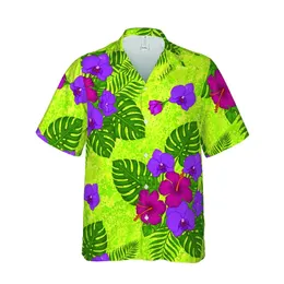 Seamless Hawaiian Pattern: Purple Orchids, Magenta Hibiscus, Monstera Leaves, Yellow Splatter Short-sleeve Hawaiian Shirt