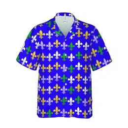 Hawaiian Deep Royal Purple Solid Fleur-de-Lis Scattered White Golden Yellow Emerald Motif Short-sleeve Hawaiian Shirt