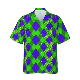 High Contrast Tropical Harlequin: Green Purple Yellow Botanical Glitter Pattern Short-sleeve Hawaiian Shirt