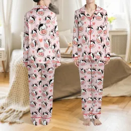 Happy Cow Lover's White & Pink Cow Heads, Hearts Pattern on Pastel Pink Attire Satin Pajamas Set