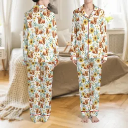 Highland Cow Lover Seamless Flat Watercolor Rust Brown Cow Yellow Sunflower Teal Green Foliage Satin Pajamas Set