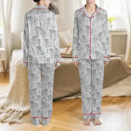 Scottish Highland Calf Floral Wreath Thistle All-Over Print - Black Line Heather Grey White Details Satin Pajamas Set