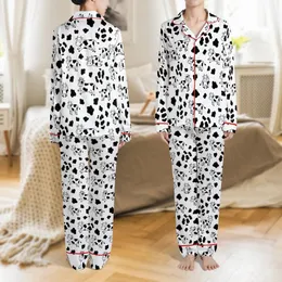 Black & White Cartoon Cow Doodle Outline Spotted Pattern Monochromatic All-Over Print Fabric Satin Pajamas Set