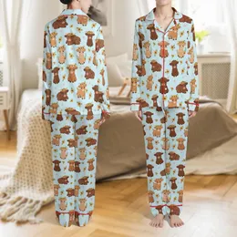 Fluffy Baby Highland Calves Posing Golden Sunflower Wreath Sky Blue Butterfly Repeating Artwork Satin Pajamas Set