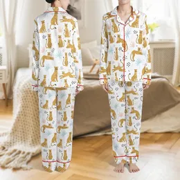 Leopard Ochre Yellow Poses Black Spotted Palm Leaf Light Blue Pink Accent Dots White Design Satin Pajamas Set