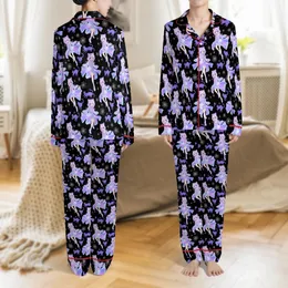 Anime Dreamscape: Iridescent Lavender Cat Girl & Luminous Violet Cats on Black Aesthetic Satin Pajamas Set