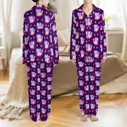Cat Lover's Luminescent Closed-Eye Cartoon Cats Peach Pink Blue Magenta Dark Purple Pattern Item Satin Pajamas Set