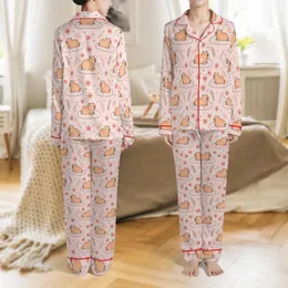 Capybara Lover Pink Lily Pads & Flowers All-Over Motif: Peach Orange Capybaras, Rosy Brown Foliage Satin Pajamas Set
