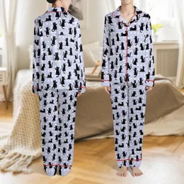 Cat Lover's Black Cartoon Cats Posing Allover Pattern Light Lavender White Polka Dot Motif Satin Pajamas Set