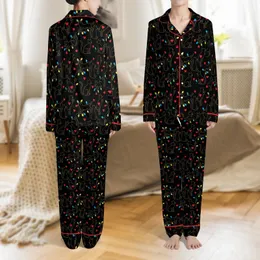 Feline Lover Black Cat Golden Outline Red Blue Yellow Green Christmas Lights Hearts Satin Pajamas Set