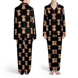 Seamless Highland Cow Calves Shaggy Caramel Fur, Leopard Bows, Black Base, Sitting Poses Satin Pajamas Set