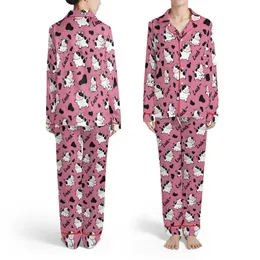 Cow Enthusiast Fuchsia Pink Chibi Cows Black Spots Pastel Pink Bows Luck Word Satin Pajamas Set