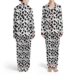 Barnyard Motif Black Irregular Cow Spots: Cow Head, Milk Carton, Pink Heart Pattern Satin Pajamas Set