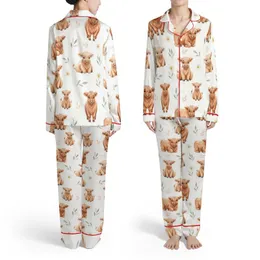 Highland Cow Fan Watercolor Calves Daisy Foliage Pattern Fabric Satin Pajamas Set