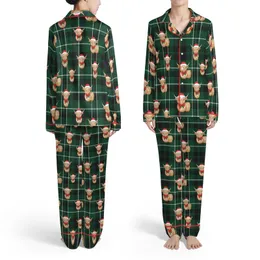Highland Cow Christmas: Emerald Green Black White Tartan Plaid, Santa Hat, Red Bow Satin Pajamas Set