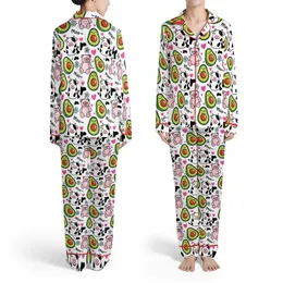 Cheerful Animal Lover's Smiling Avocado Cow Bear Hot Pink Heart Moo Textile Print Satin Pajamas Set